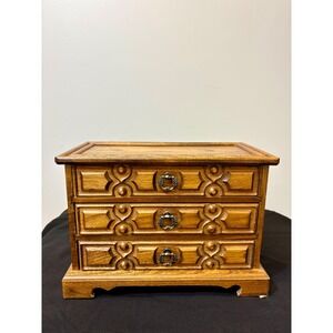 Vintage 1970s Toyo Japan Musical Jewelry Box Chest, Ornate Wood & Mustard Velvet